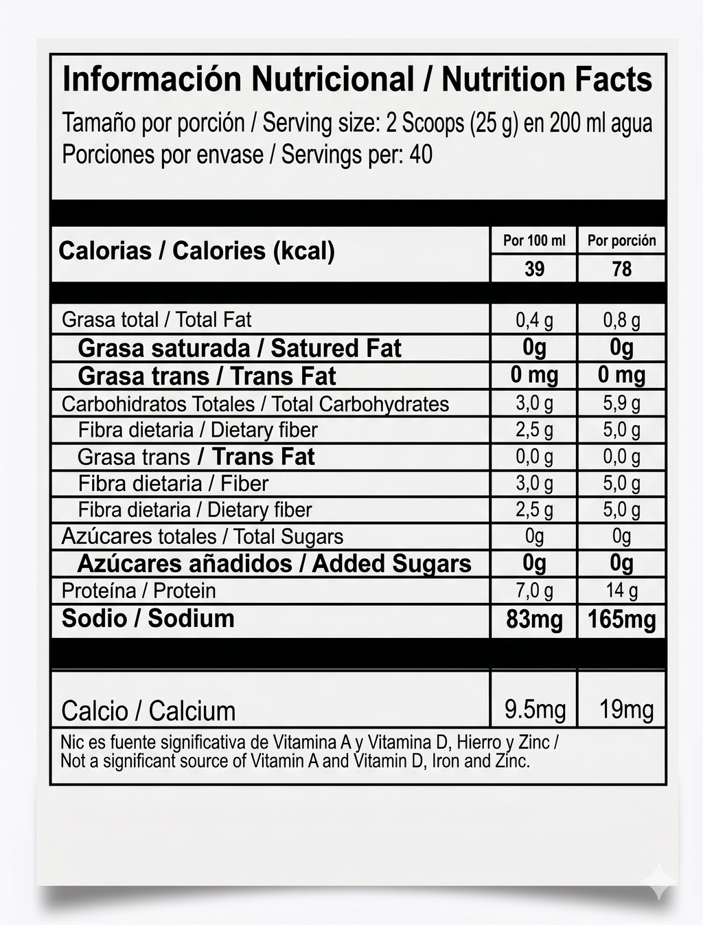 Tabla nutricional AlbumPlus Vainilla 1kg